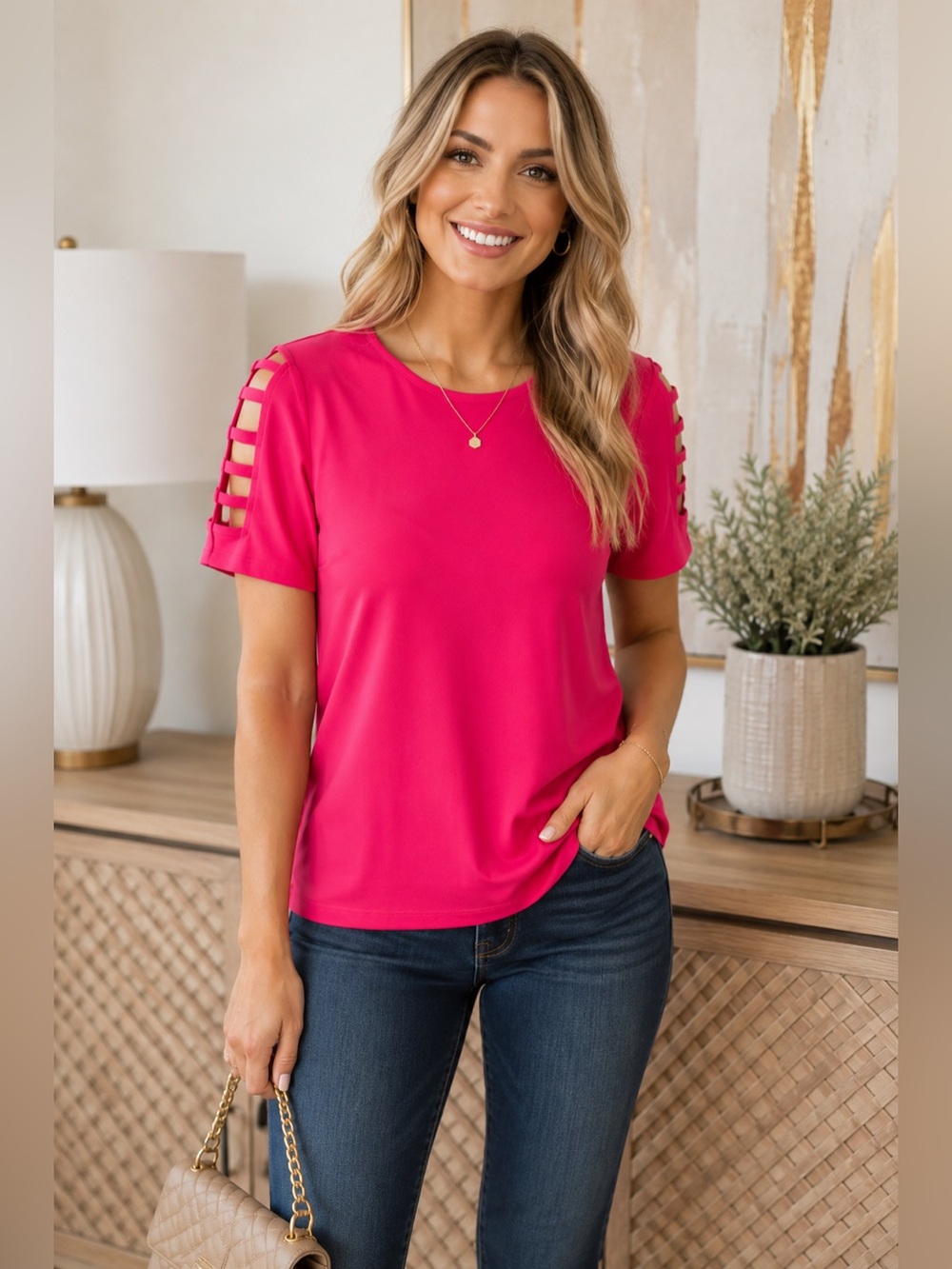 Michael Kors Hot Pink Short Sleeve Ladder-Shoulder Tee Barbiecore Pink Top